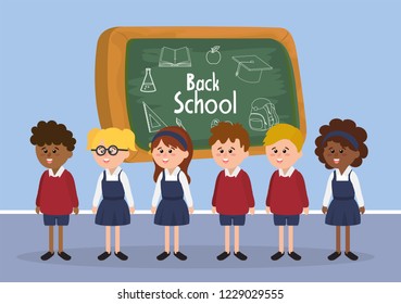 students boys and girls with uniform and blackboard