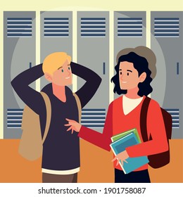 students boys talking in the hall with lockers background vector illustration