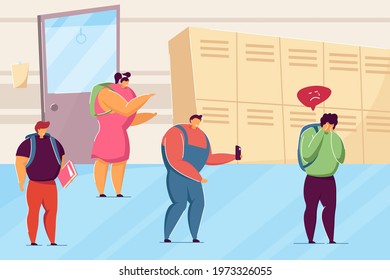 Students bullying lonely child in school. Flat vector illustration. Angry kids laughing at sad nerd boy in school hall. Stress, conflict, bullying, school, education concept for banner design