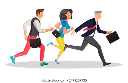 Students and business people running in the same direction to work, meeting in morning. People are late and hurry up. Motivation, competition, deadline, sale concept. Vector cartoon isolated on white.