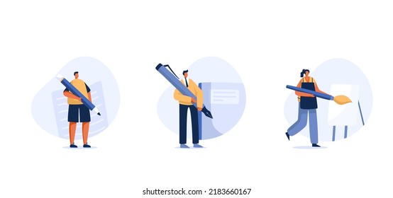 Students, businessman, artists and professional equipment. Pencils, pens, brushes. flat character. Illustration for learning.