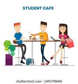 Students in cafe communicate vector illustration.