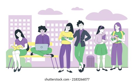 Students in the campus. Flat vector teenage characters. Young, smiling happy youngsters.