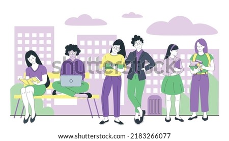 Students in the campus. Flat vector teenage characters. Young, smiling happy youngsters.