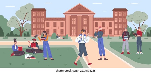 Students Campus Yard. Student Lifestyle Outside University Or College Building, People Walking And Sitting On Grass Front High School Exterior Cityscape, Vector Illustration Of College Building Campus