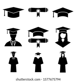 Students cap, education set icons, logo isolated on white background. A graduate of the girl and the man, gown