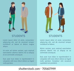 Students cartoon characters posters in autumn apparels man and woman with modern backpacks and bags vector illustrations with text on blue