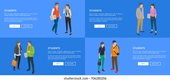 Students cartoon characters posters with man and woman back and front view with modern computer technologies vector illustrations with text on blue