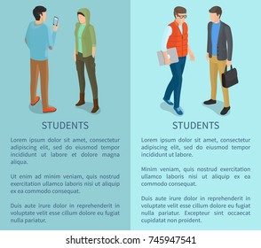 Students cartoon characters posters with man and woman back and front view with modern computer technologies vector illustrations with text on blue