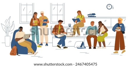 Students cartoon characters studying, resting together at campus indoors