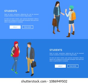 Students cartoon characters web posters vector illustrations with text on blue. Landing page with college or high school people in flat style