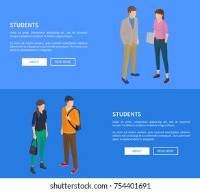 Students cartoon characters web posters vector illustrations with text on blue. Young teenagers during break at educational establishment
