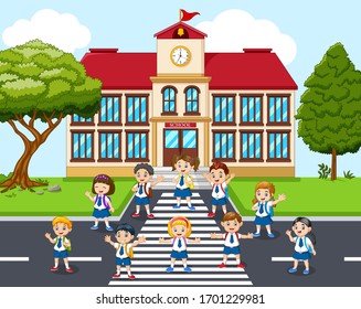 Students cartoon in front of school