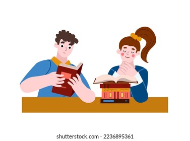 Students in cartoon style read education books. Flat style boy get new knowledge. Young girl listens what boy is reading
