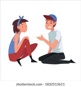Students in Casual Clothes Sitting on Lawn, Boy and Girl Talking to Each Other Vector Illustration