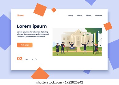 Students celebrating graduation in campus park. Information, university, nature concept. Vector illustration can be used for topics like knowledge, relaxation, education