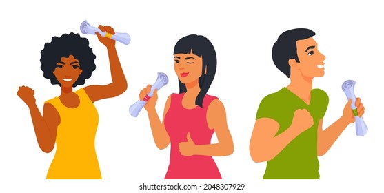Students celebrating graduation, diploma. People graduated. Graduate celebration. The student holds a paper scroll. A vector cartoon illustration.