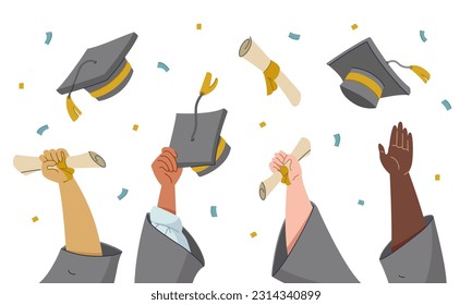 Students celebrating graduation with hands up holding and throwing caps and diplomas in the air. Modern flat cartoon vector illustration elements set on white background. Horizontal banner or poster.