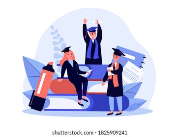 Students celebrating graduation. People in gowns and caps with tassels, diploma, books flat vector illustration. Achievement, knowledge, learning concept for banner, website design or landing web page