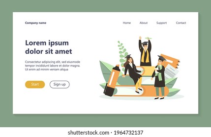 Students celebrating graduation. People in gowns and caps with tassels, diploma, books flat vector illustration. Achievement, knowledge, learning concept for banner, website design or landing web page