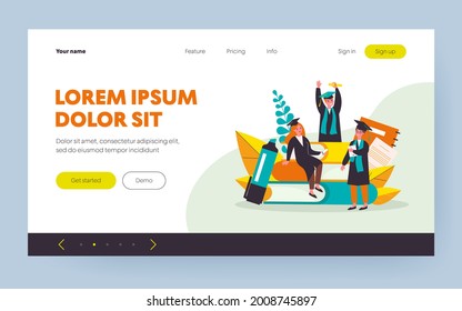 Students celebrating graduation. People in gowns and caps with tassels, diploma, books flat vector illustration. Achievement, knowledge, learning concept for banner, website design or landing web page