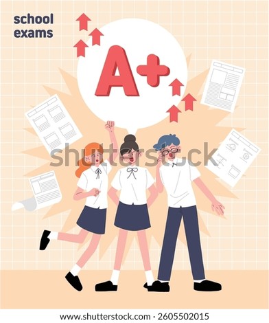 Students celebrating a successful exam result with an A grade