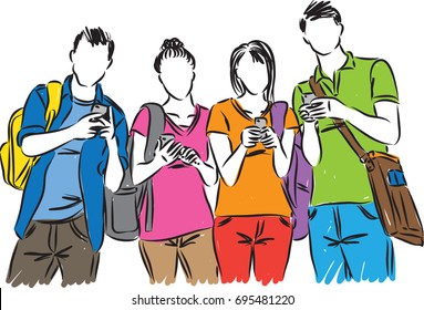 students with cellphones vector illustration