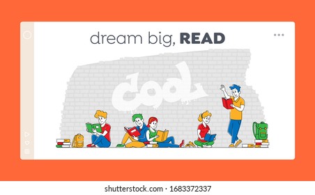 Die Schüler zeichnen kollektives Lernen. Vorlage für Landing Page. Junge Leute mit Büchern, die draußen zusammen studieren. Prüfungsvorbereitung, Schulkurse. Illustration der linearen Vektorillustration