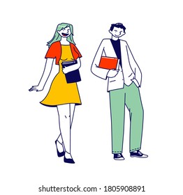 Students Characters Couple Young Man and Woman with Books in Hand Isolated on White Background. Girl and Boy in Casual Clothes Get Education in University or College. Linear People Vector Illustration