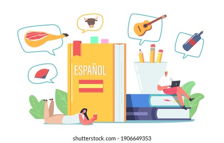 Students Characters Learning Spanish, Foreign Language Course. Tiny Characters at Huge Textbooks Read and Listen Classes, Webinar, Online Education, Espanol Lesson. Cartoon People Vector Illustration