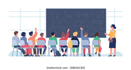 Students characters at lecture. Back view listeners in auditorium. College or school mathematics lessons. Teacher standing at formulas blackboard. People study math