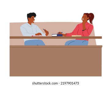 Students Characters on Bored Lecture In College Or University Hall. Class or Auditorium With Young People Chatting and Laughing Sitting at Desk with Textbooks. Cartoon People Vector Illustration