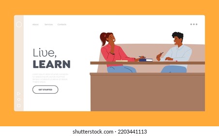 Students Characters on Lecture In University Hall Landing Page Template. Class or Auditorium With Young People Chatting and Laughing Sitting at Desk with Textbooks. Cartoon People Vector Illustration