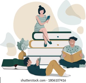 Students, characters read books while sitting and lying next to a stack of giant books. Cartoon vector illustration. The concept of a bookstore, education, exam preparation, home study.