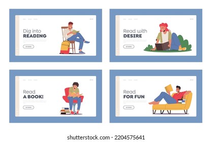 Students Characters Reading Books Landing Page Template Set. Young Multiracial Diverse Men and Women Reading Textbooks, Prepare to Exam, Enjoying Reading Hobby. Cartoon People Vector Illustration