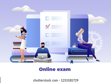 Students characters studying, thinking, writing university exam. School homework reading a test. Online exam, questionnaire form, online education, learning, survey, internet quiz. Vector illustration