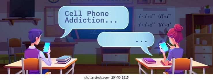 Students chatting by cell phones in classroom during mathematics lesson, gadget addiction concept with boring teenagers sitting at desks and communicate by smartphones, Cartoon vector illustration