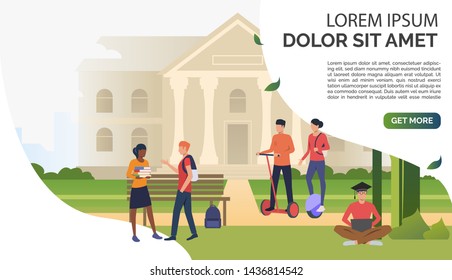 Students chatting and walking in campus park. Information, university, nature concept. Presentation slide template. Vector illustration for topics like knowledge, relaxation, education