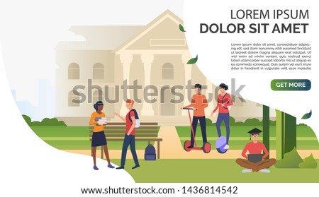 Students chatting and walking in campus park. Information, university, nature concept. Presentation slide template. Vector illustration for topics like knowledge, relaxation, education