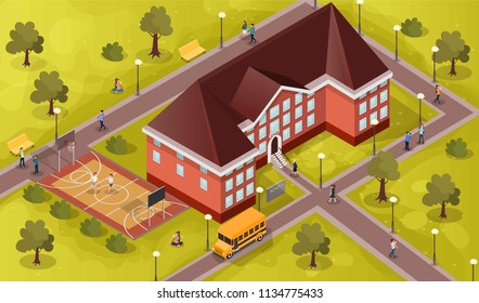students and children near school 
walking the school bus landscape  vector illustration