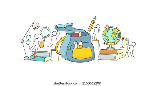 Students Or Children With School Backpack, Books, Globe And Study Supplies. Vector Hand Drawn Illustration Of Doodle People Put Stationery In Open School Bag. Education, Study Concept