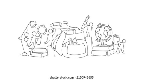 Students or children with school backpack, books, globe and study supplies. Vector hand drawn illustration of doodle people put stationery in open school bag. Education, study concept