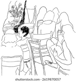 alunos na classe em estilo de esboço desenhado à mão em vetor. Elemento para decoração de pôster imprime fundo de cartão postal