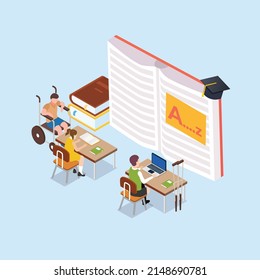 Students in class isometric 3d vector illustration concept - Disabled child in wheelchair studying in school - Boy in wheel chair in classroom