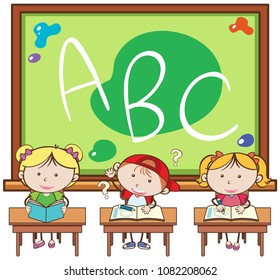 Students in Classroom and chalkboard illustration