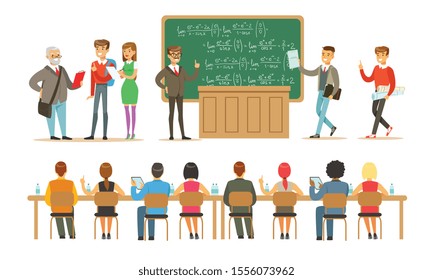 Students in the classroom communicate and study. Vector illustration.