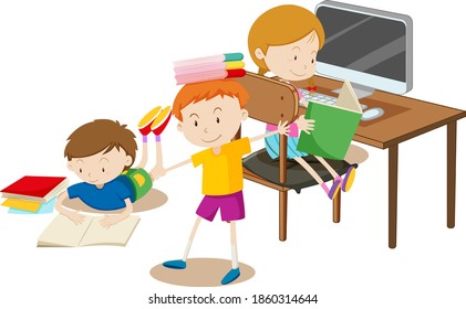 Students with classroom elements on white background illustration