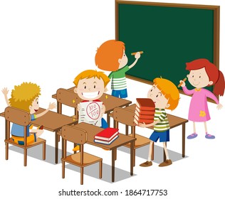 Students with classroom elements on white background illustration