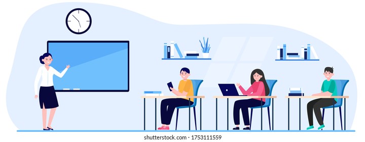 Students in classroom flat vector illustration. Cartoon young characters listening teacher during lesson in college. Study and education concept