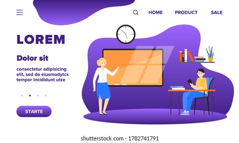 Students in classroom flat vector illustration. Cartoon young characters listening teacher during lesson in college. Study and education concept